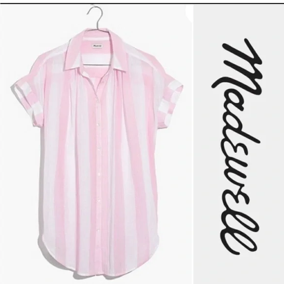 Madewell SET 🩷 Central Tunic In Cara Pink Stripe Button Down Top AND Skirt - Picture 4 of 12